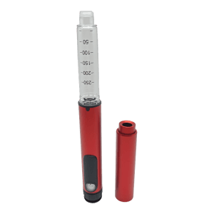 ShotLog Reusable Peptide Pen V2 in Red, cap off