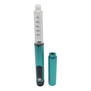 ShotLog Reusable Peptide Pen V2 in Turquoise, cap off
