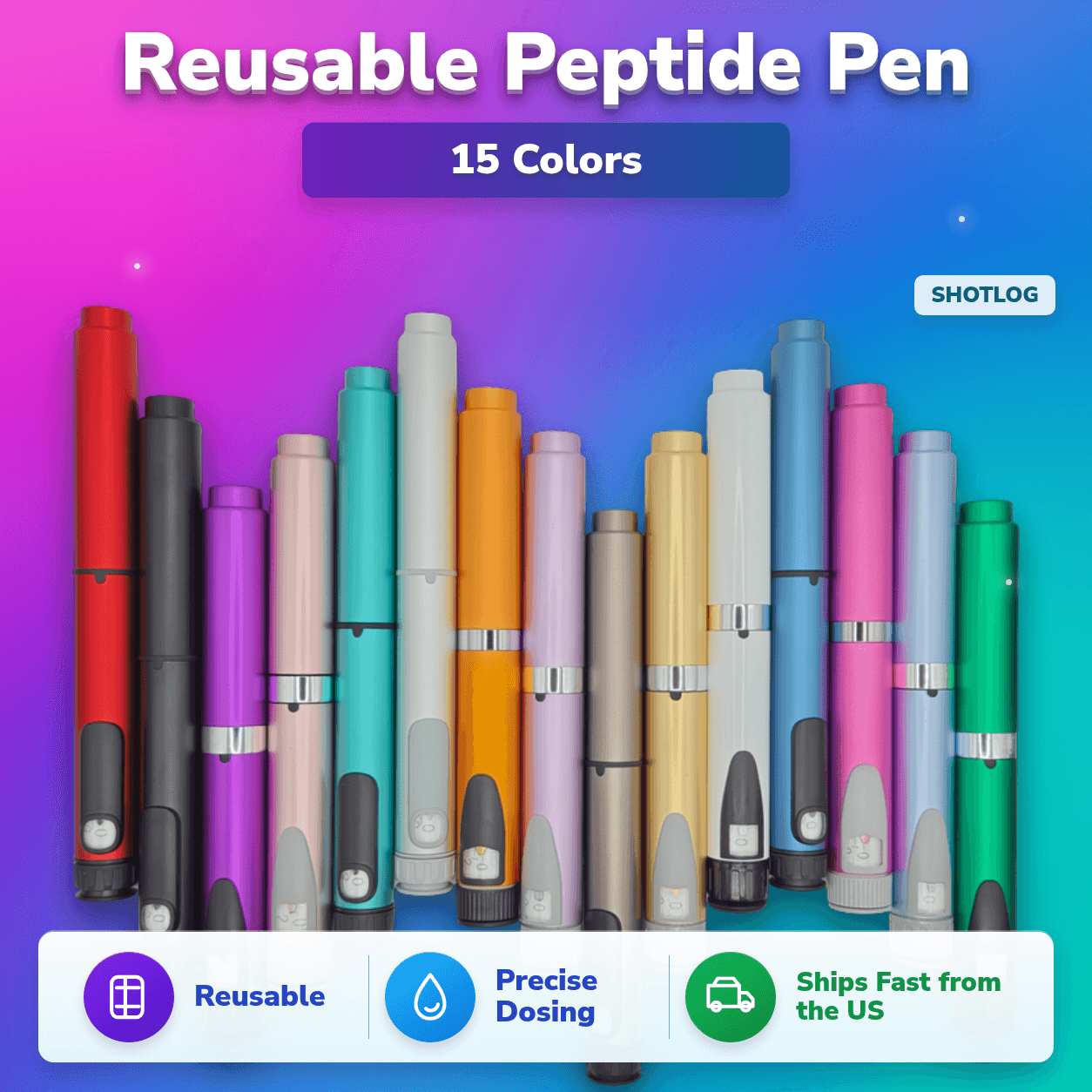 ShotLog Reusable Peptide Pen V2 — available in 15 colors