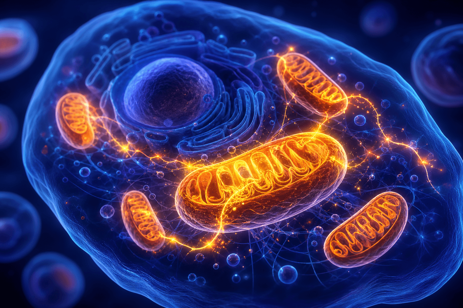 A vibrant illustration of glowing mitochondria within a cell, with energy flowing through them in bright, warm colors against a dark blue background