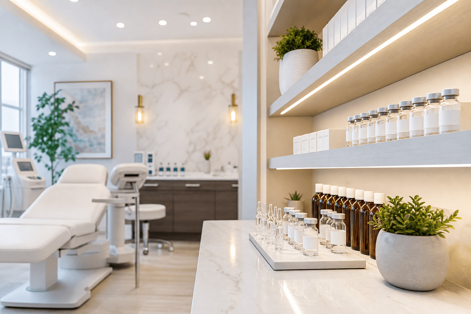 A modern wellness clinic setting with professional medical equipment and peptide vials organized neatly on shelves, warm clinical lighting
