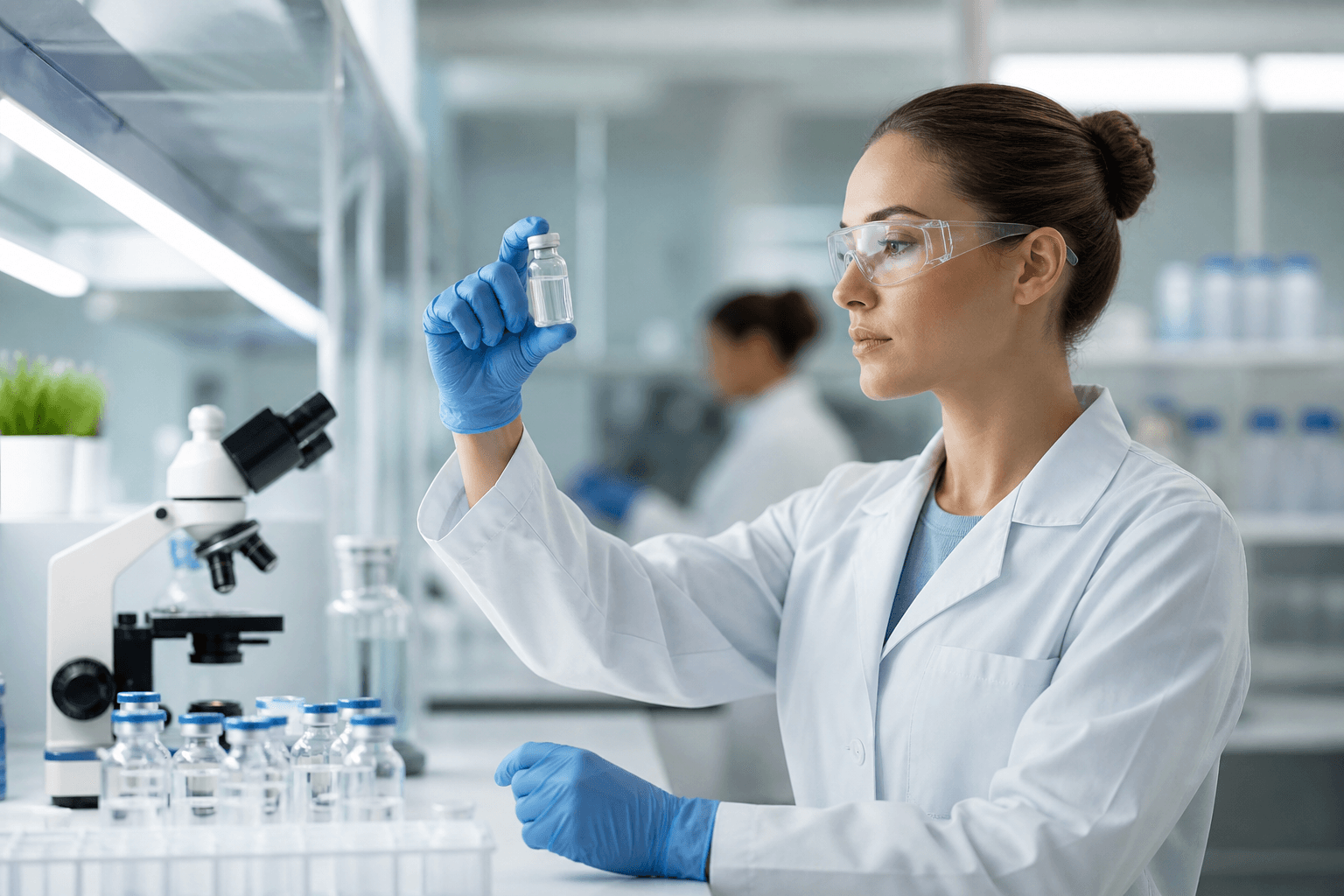 Clean laboratory setting with scientist examining vials under professional lighting, emphasizing quality control and testing