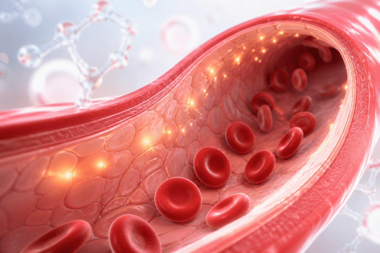 Healthy blood vessel cross-section with glowing endothelial cells showing cellular regeneration and vitality