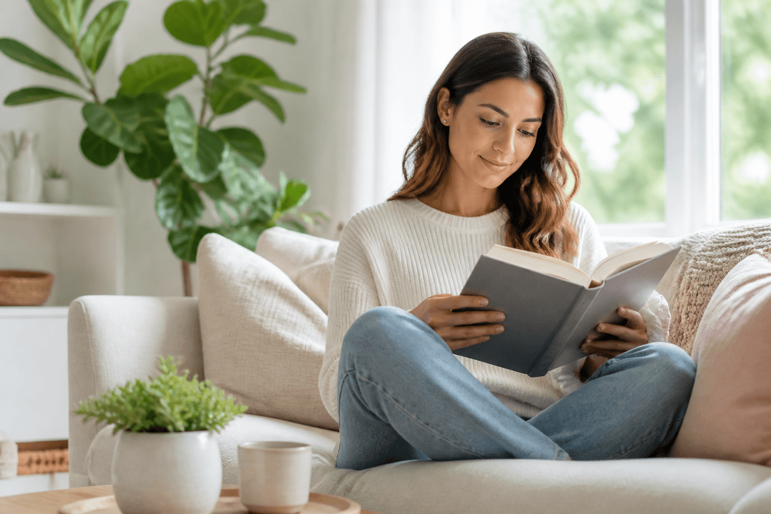 A person reading a book in a comfortable home setting with natural light, looking focused and engaged