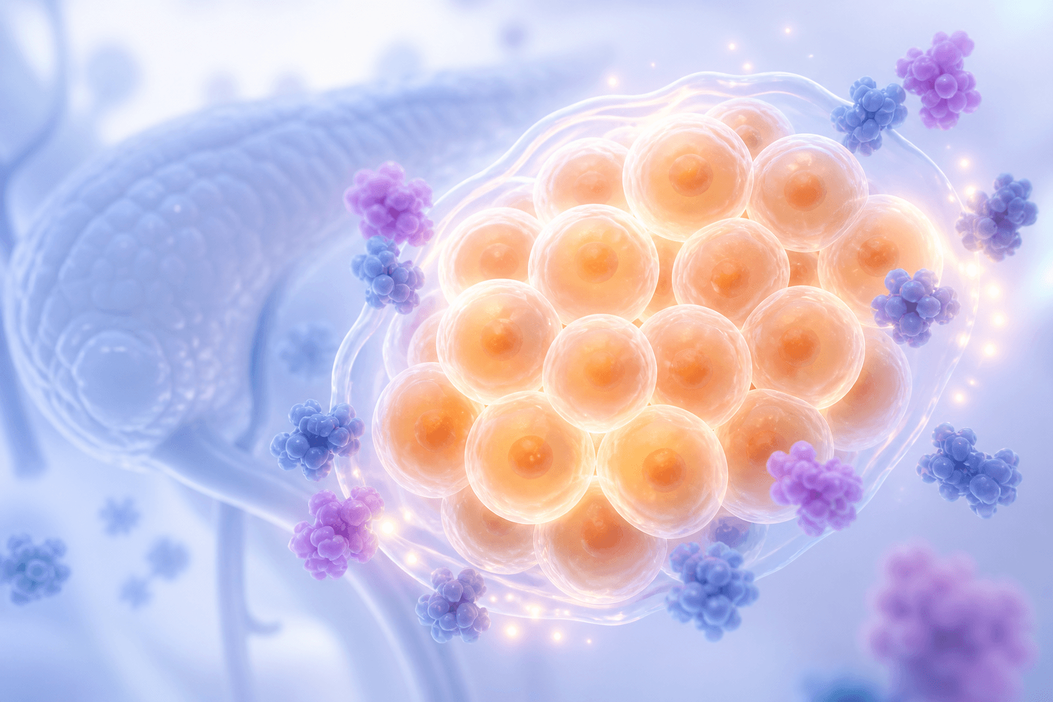 Illustration of pancreatic beta cells with healthy, glowing cells surrounded by protective molecules