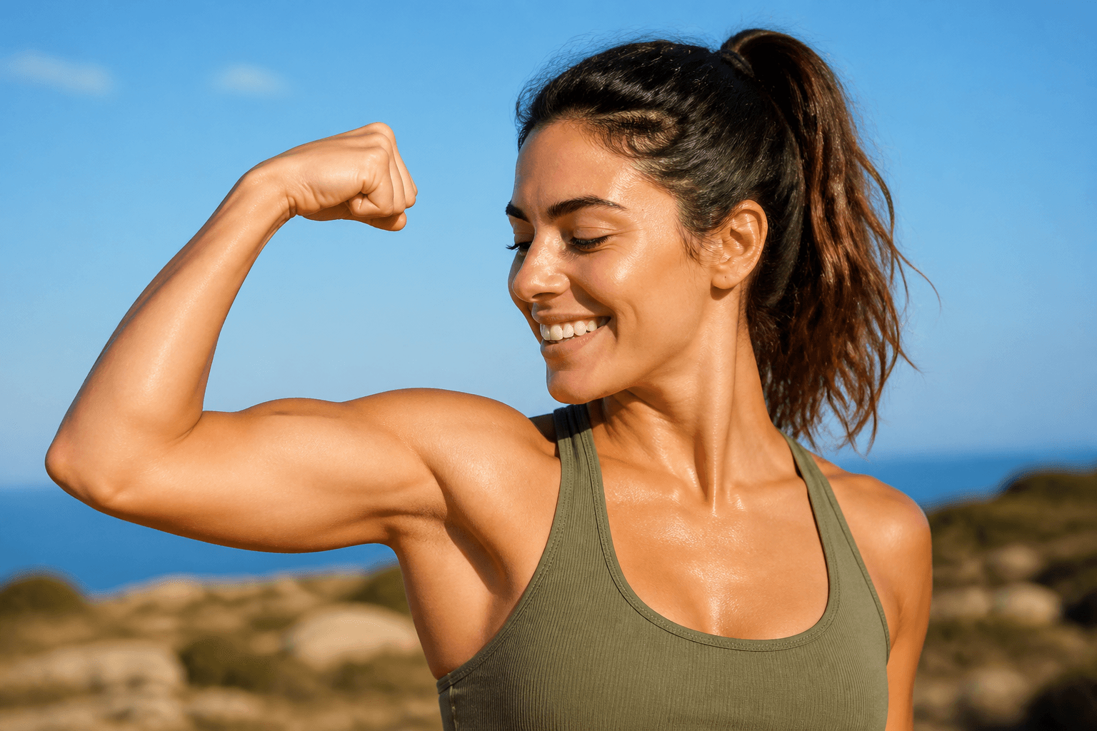 A healthy, glowing person flexing their arm with visible muscle definition and radiant skin, outdoors in natural lighting