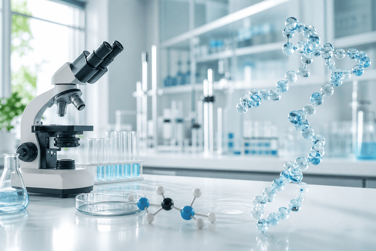 A bright, modern laboratory setting with scientific equipment and molecular structures, representing cutting-edge peptide research and innovation