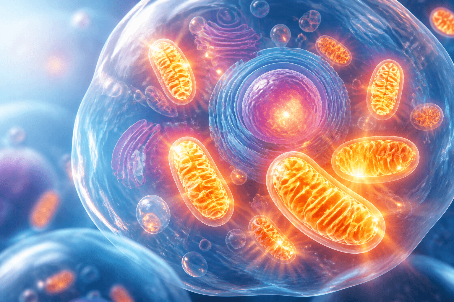 A vibrant cellular illustration showing mitochondria lighting up with energy, representing metabolic activation and cellular transformation