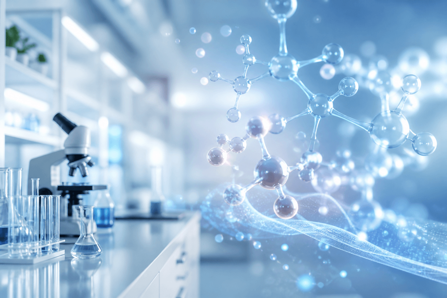A modern laboratory setting with molecular structures floating in soft blue light, representing metabolic pathways and cellular energy processes