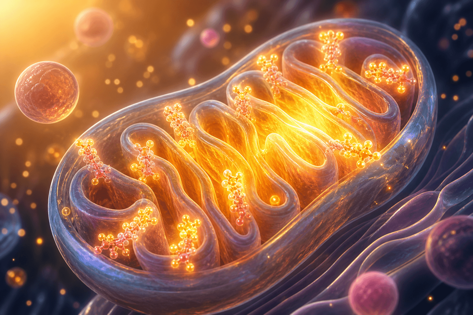 A vibrant, glowing illustration of a mitochondrion with highlighted cardiolipin molecules, showing energy (ATP) production with warm golden light emanating from the organelle