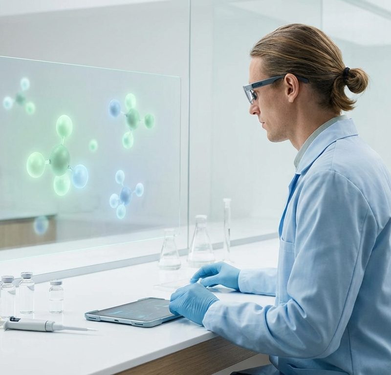 Modern laboratory scientist working with molecular structures and peptide research