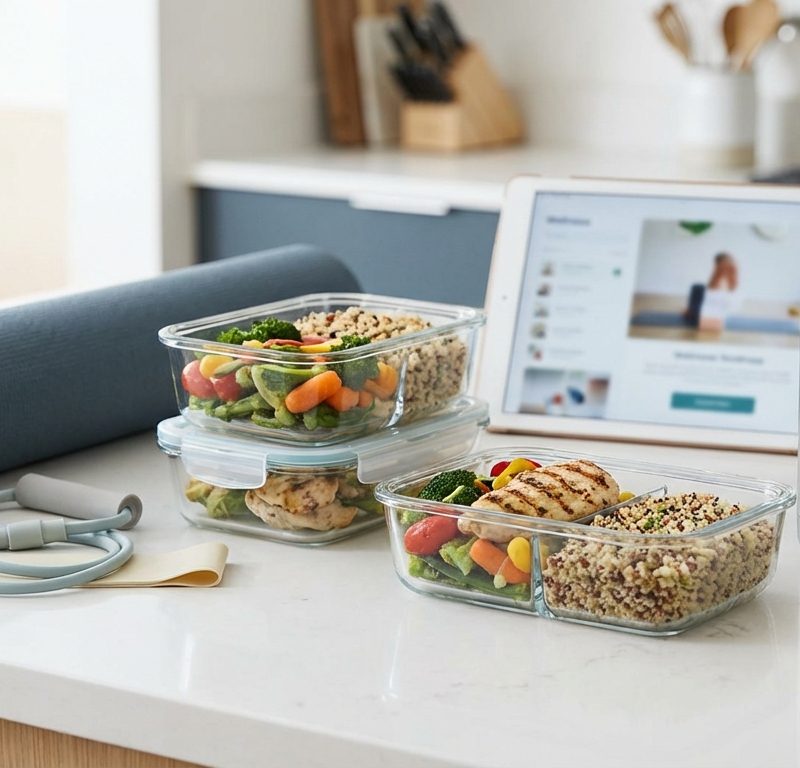 Professional wellness scene showing healthy meal prep and fitness equipment on clean countertop