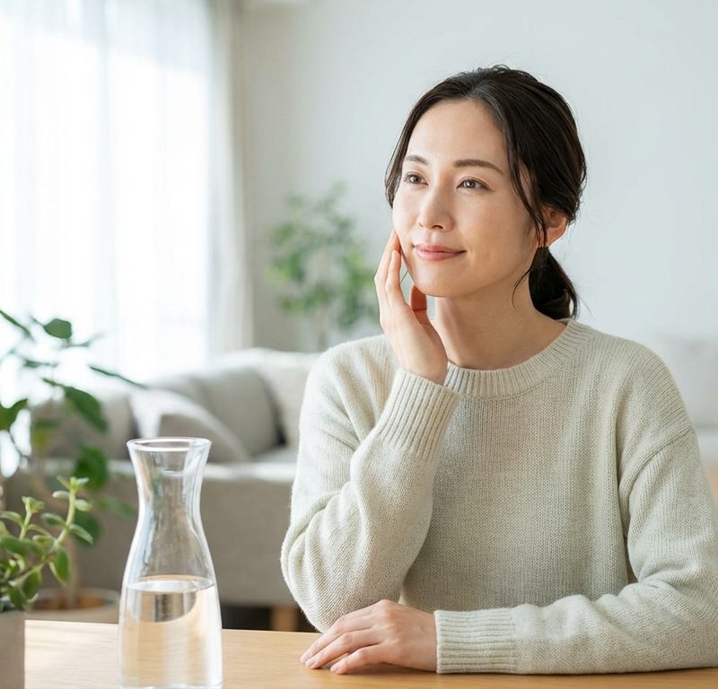 Radiant woman with glowing healthy skin touching her face gently in natural lighting