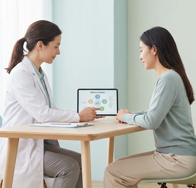 Professional wellness consultation scene with healthcare provider and patient discussing treatment options