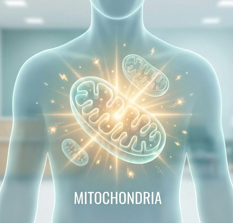 Vibrant mitochondria cells glowing with energy in a healthy human body illustration