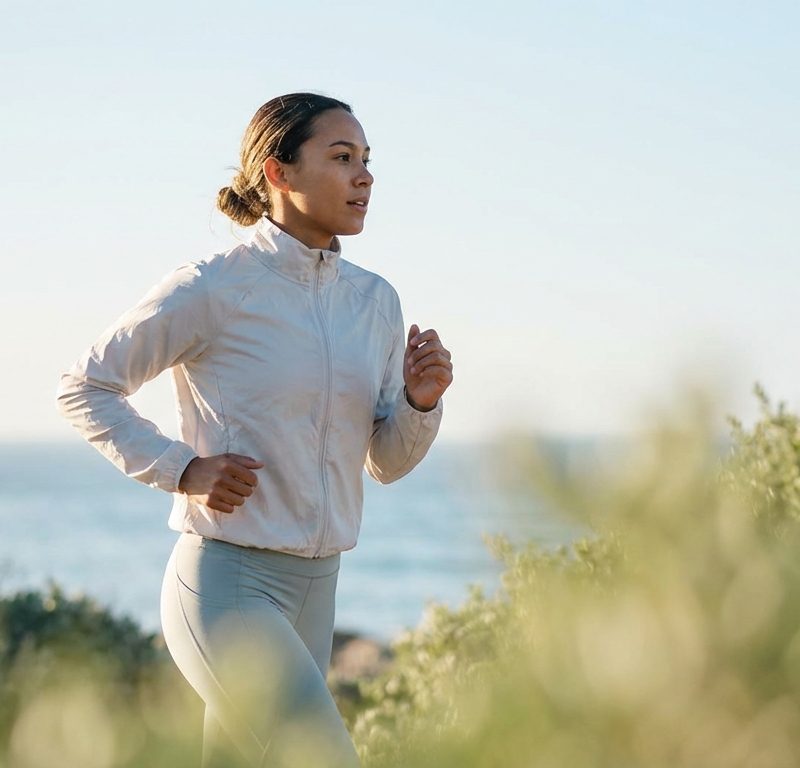 Person exercising outdoors with vibrant energy and focus