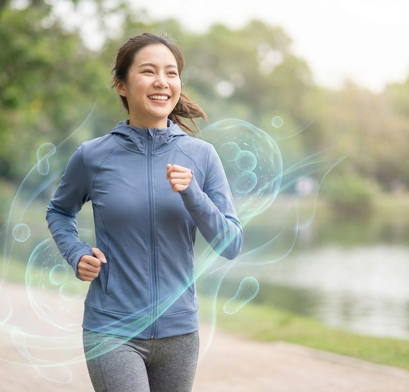 Person looking energetic and vibrant during outdoor exercise with subtle cellular energy visualization