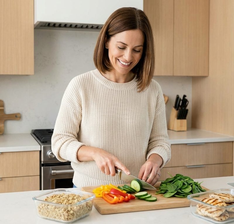 Professional woman looking confident and healthy, smiling while preparing a balanced meal in a modern kitchen