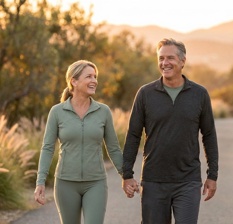 Happy couple walking together outdoors in golden hour lighting