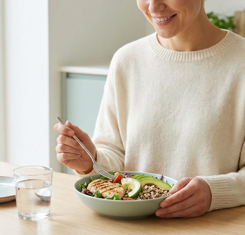 Peaceful person enjoying a healthy meal with satisfied expression, representing sustained satiety