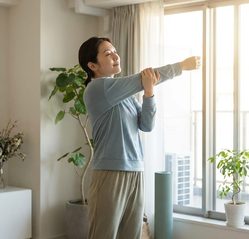 Person doing morning stretches in sunlight representing fasted state wellness