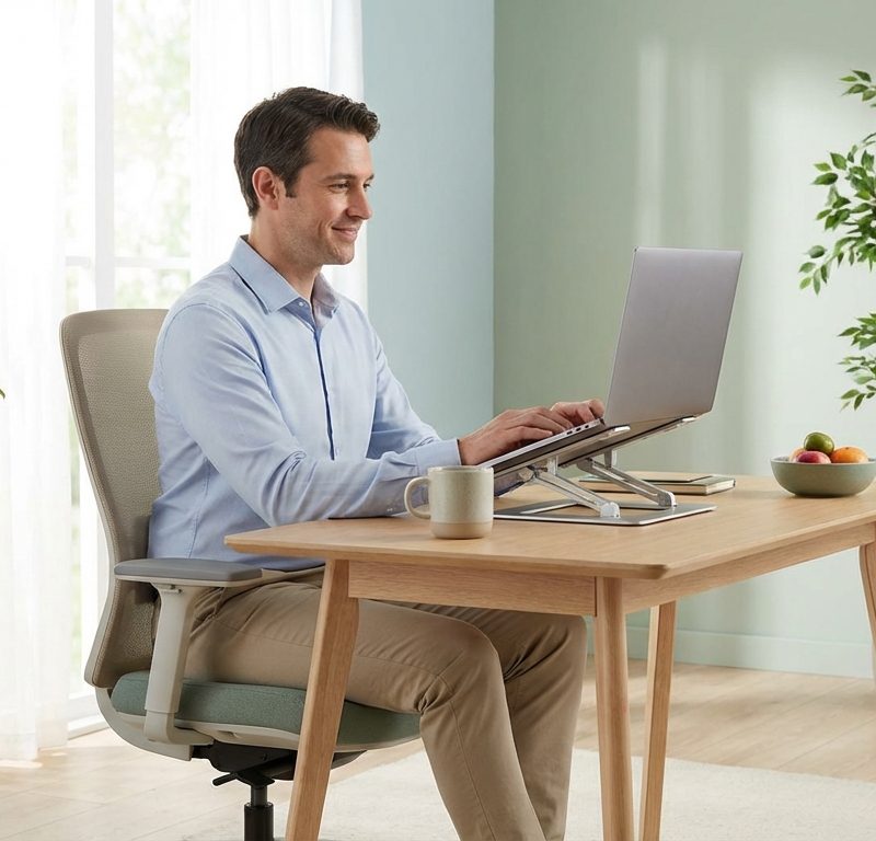 Professional person working comfortably at computer with good lighting and ergonomic setup