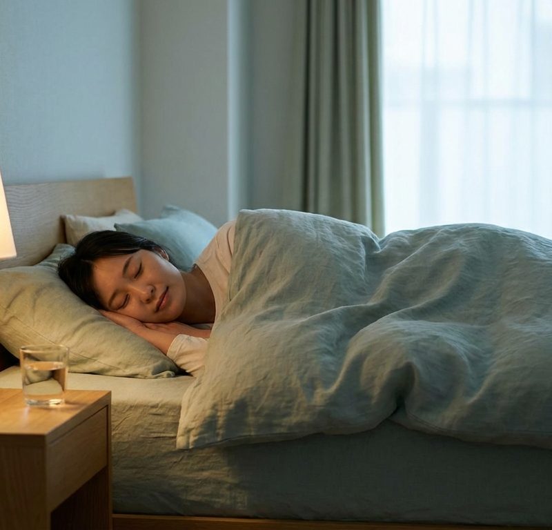 Person sleeping peacefully in a modern bedroom with soft lighting