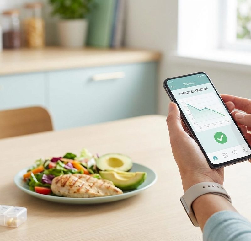 Person tracking weight loss progress on smartphone app with healthy meal in background