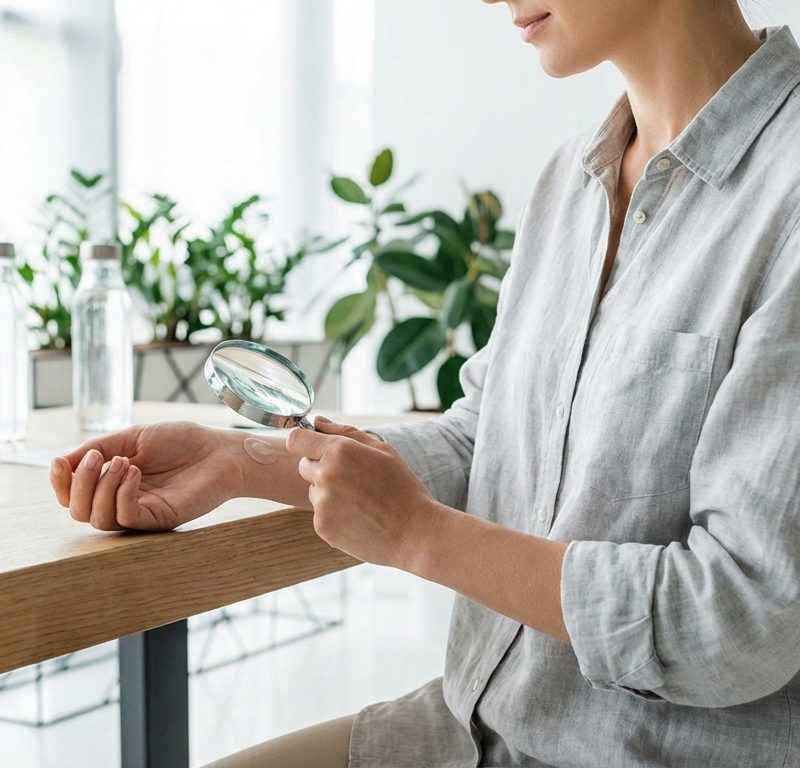 Person examining their arm with a magnifying glass in a clean, bright wellness setting