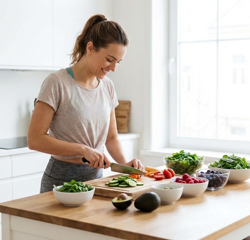 Person looking energetic and healthy while preparing a nutritious meal in a modern kitchen