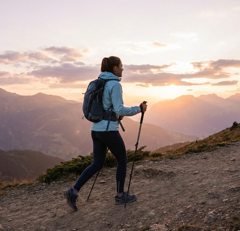 Person hiking energetically up a mountain trail with vibrant sunset, representing renewed cellular energy
