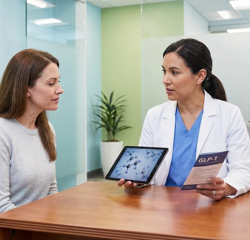 Professional wellness consultation scene with healthcare provider and patient discussing treatment options