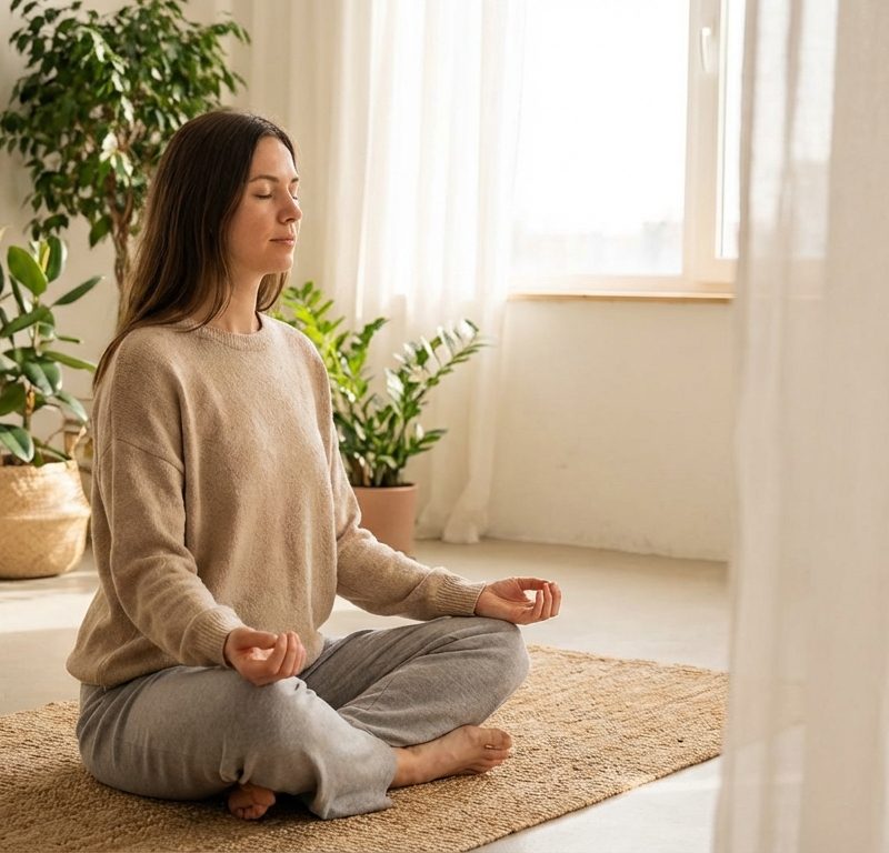 Person meditating peacefully in a sunlit room with plants
