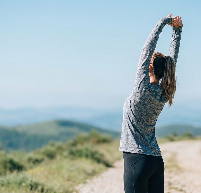 Person exercising outdoors with clear blue sky, showing improved breathing and vitality