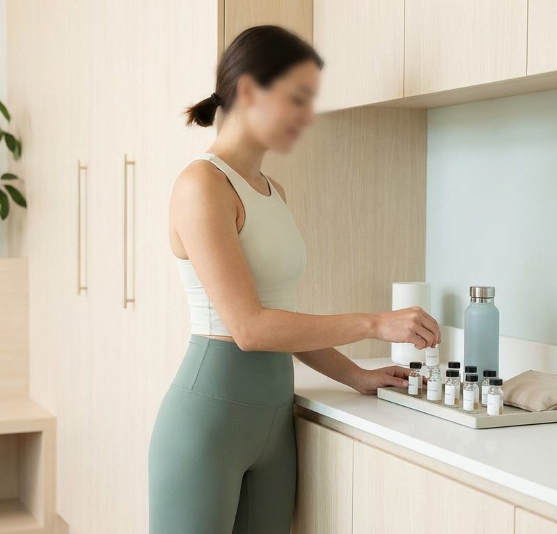 Person confidently preparing for wellness routine in clean, organized space with peptide supplies