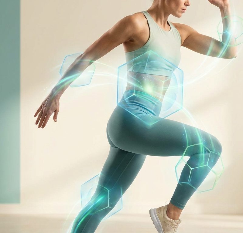 Person exercising with energy radiating from cells, representing mitochondrial power