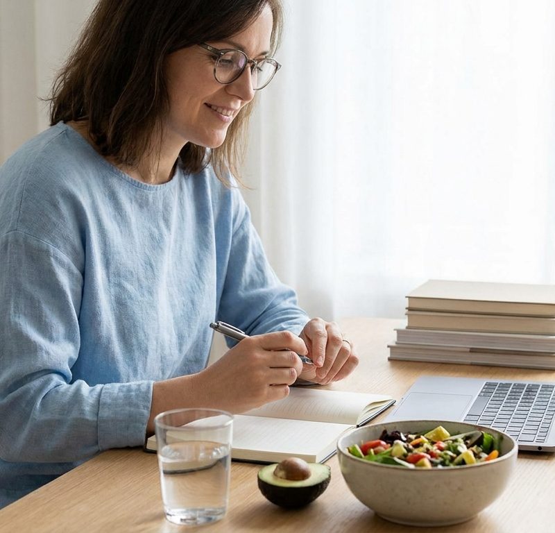 Person sitting at a desk with clear focus, surrounded by books and a healthy meal