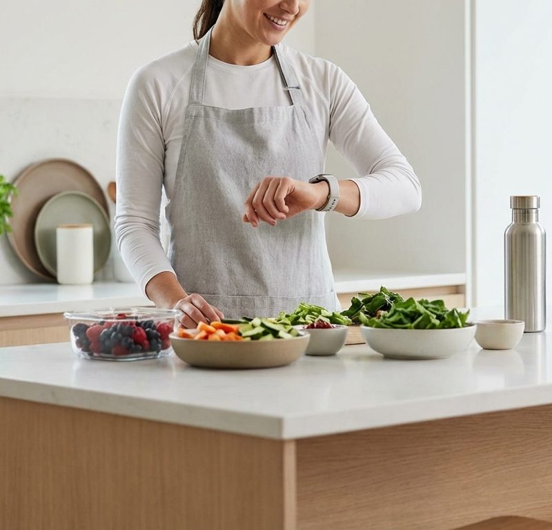 Person confidently checking their smartwatch while preparing a healthy meal in a modern kitchen